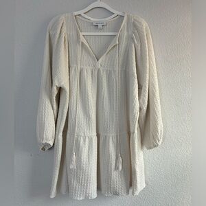 Calligraphie Cream Textured Peasant V-Neck Boho Tassel Flowy Top Blouse L